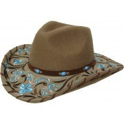 100% Wool Felt Pinch Front Sheridan Emb - Brown Cowboy Hat