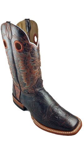 Square Toe Inlay Design Mens Boot Dark Leather